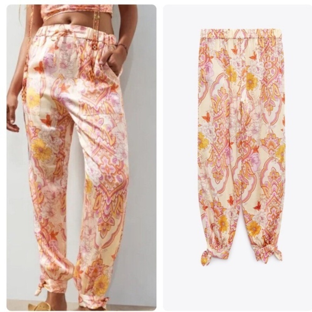 Zara NWT floral print satin effect high waisted ankle tie pants, L